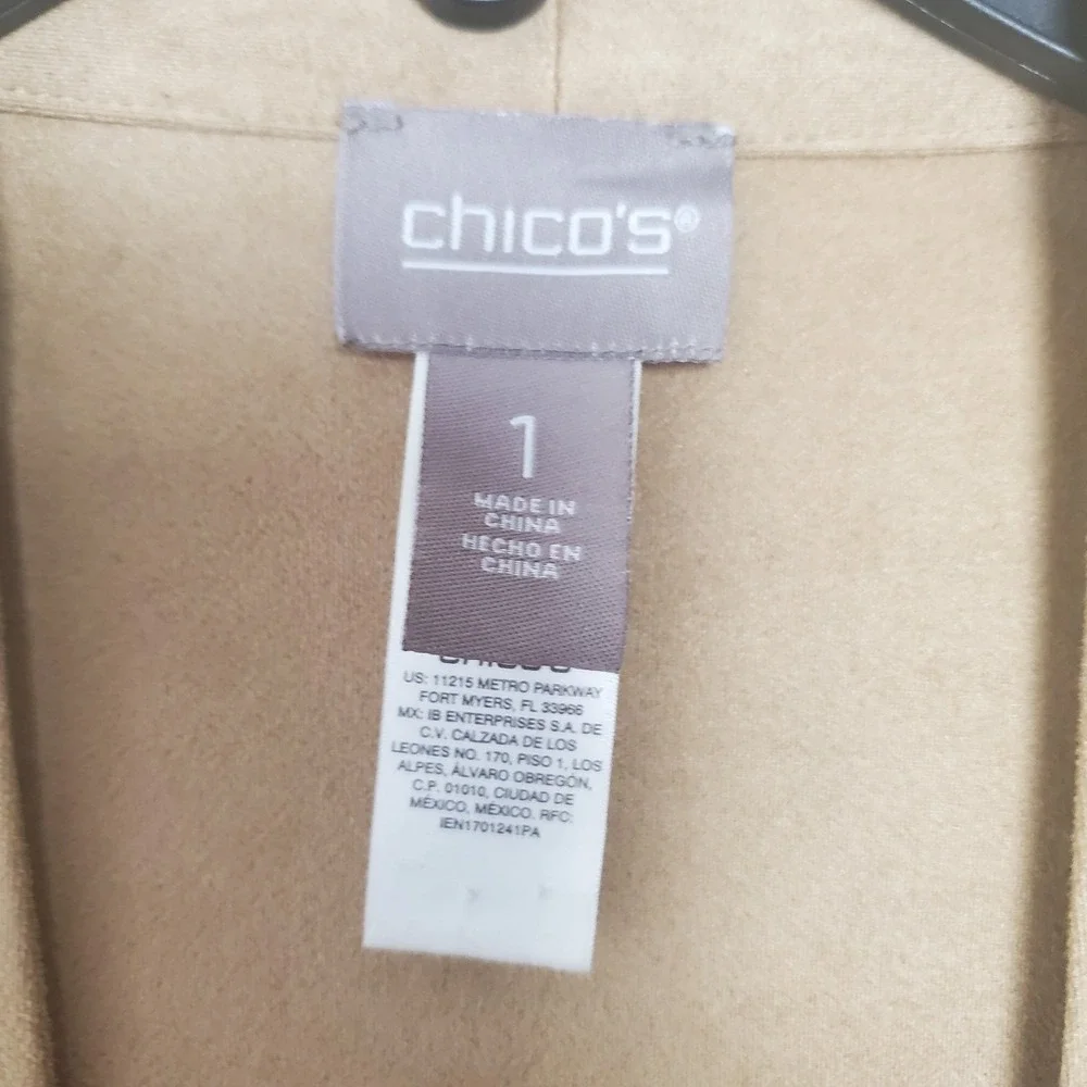 Chico's Faux Suede Draped Open Front Jacket Tan Beige Size 1 EUC Women's M-8‎